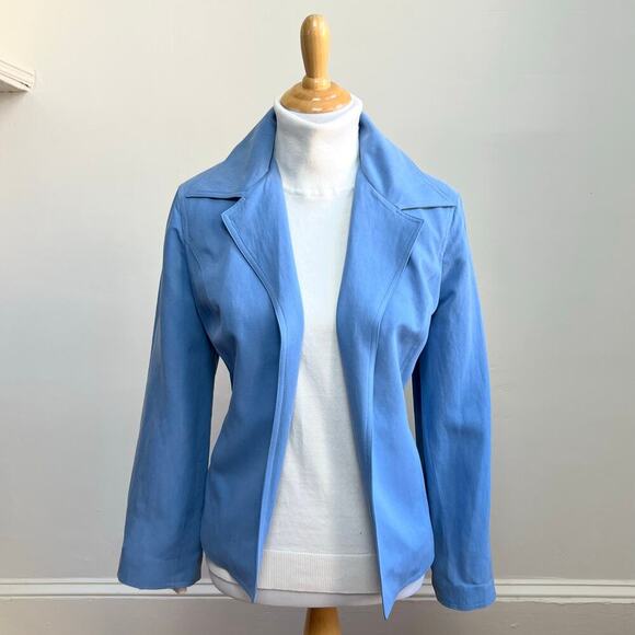 Vintage 90s Liz Claiborne Silk Linen Blue Open Front Blazer Trouser Suit Set 10 - Picture 2 of 14